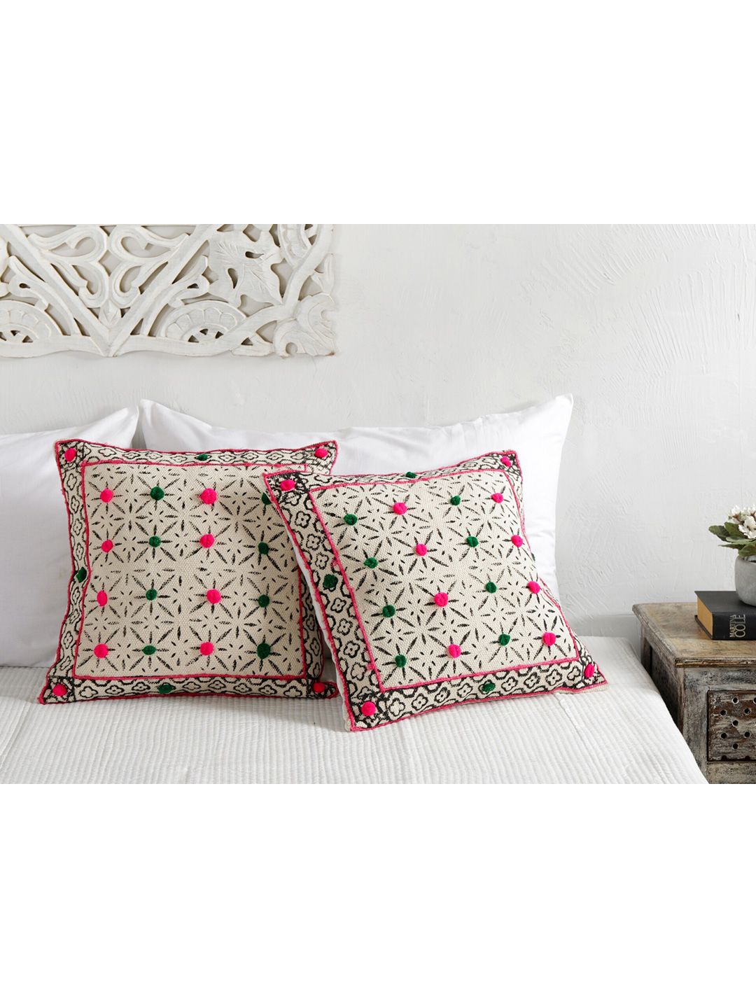 HANDICRAFT PALACE Off White & Pink Set of 2 Ethnic Motifs Square Cushion Covers Price in India