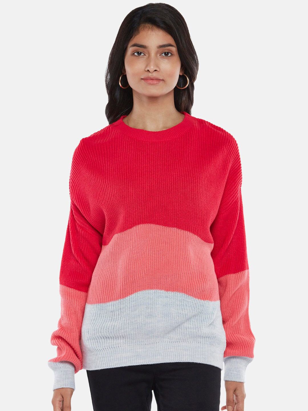 Honey by Pantaloons Women Pink & White Colourblocked Pullover Sweater Price in India