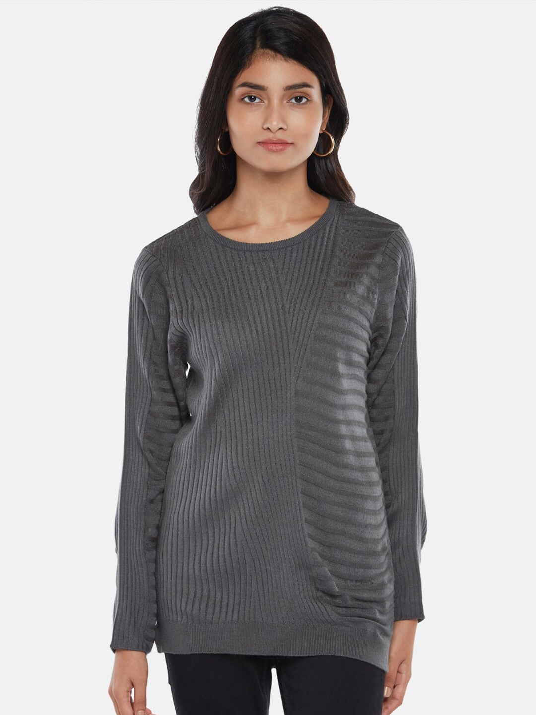 Honey by Pantaloons Women Grey Cable Knit Striped Pullover Sweater Price in India