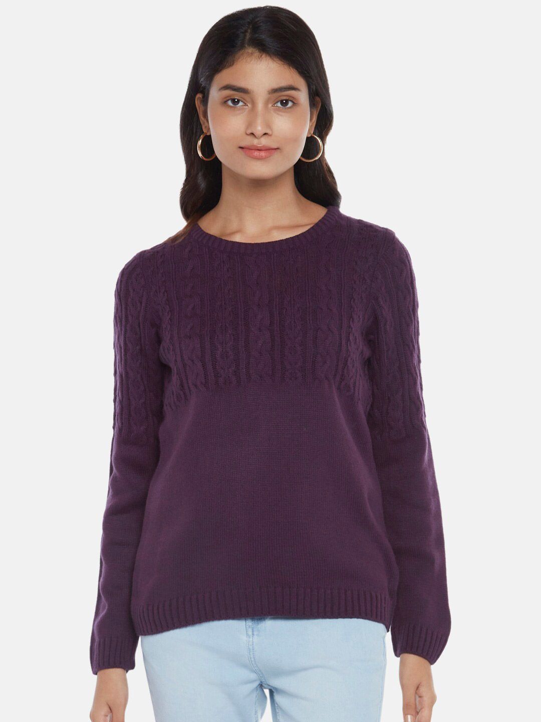 Honey by Pantaloons Women Purple Cable Knit Pullover Sweater Price in India