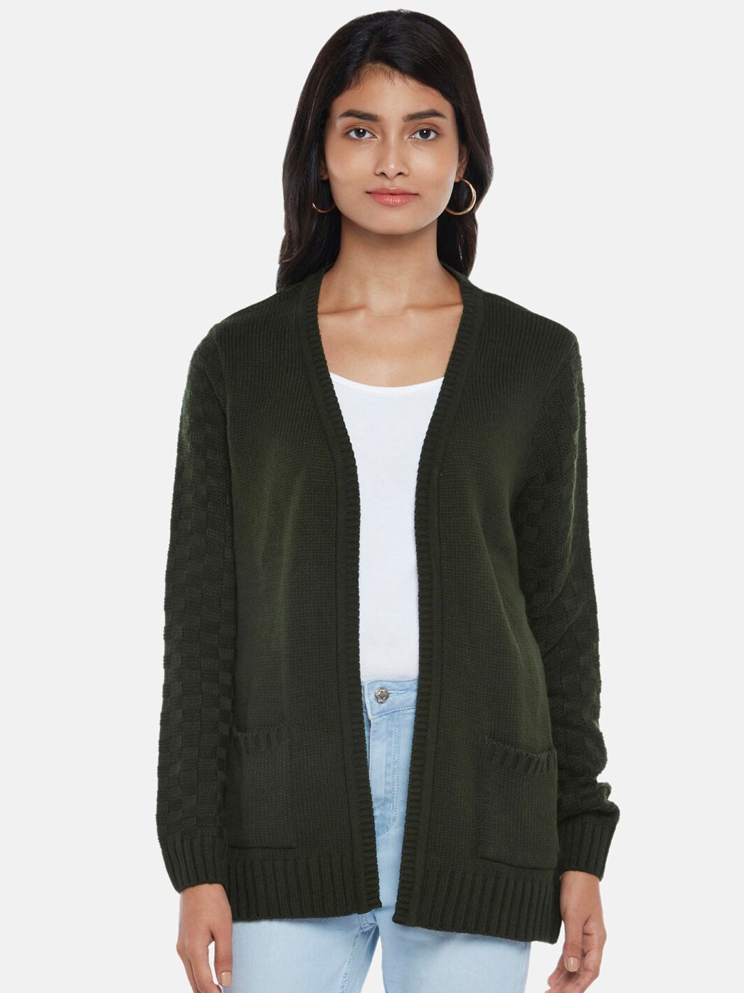 Honey by Pantaloons Women Olive Green Solid Front Open Sweater Price in India