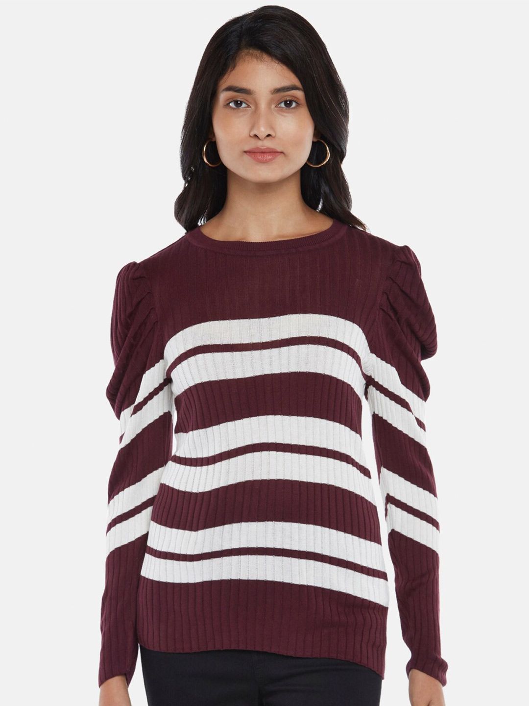 Honey by Pantaloons Women Burgundy & White Striped Pullover Sweater Price in India