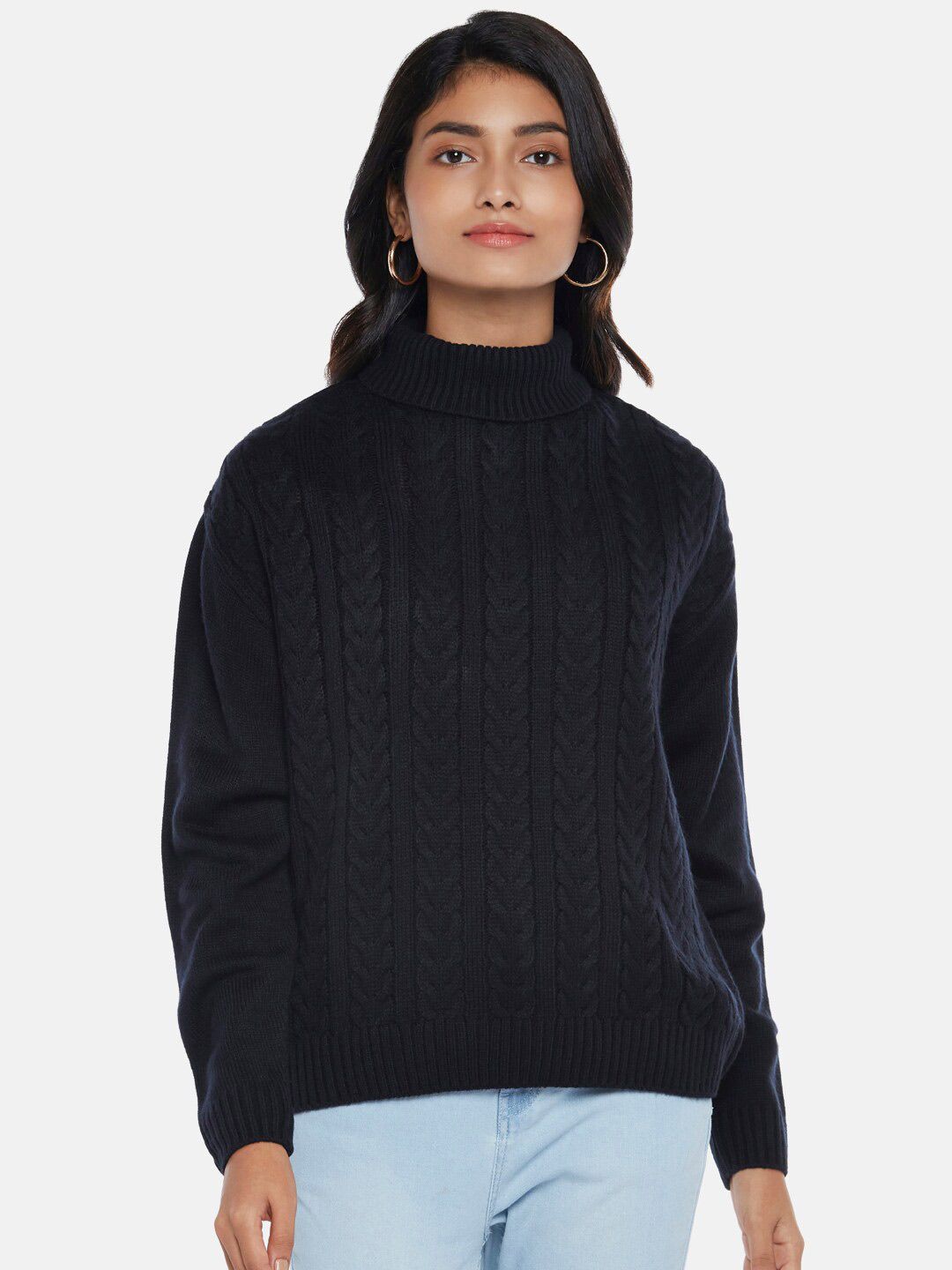 Honey by Pantaloons Women Navy Blue Cable Knit Pullover Sweater Price in India