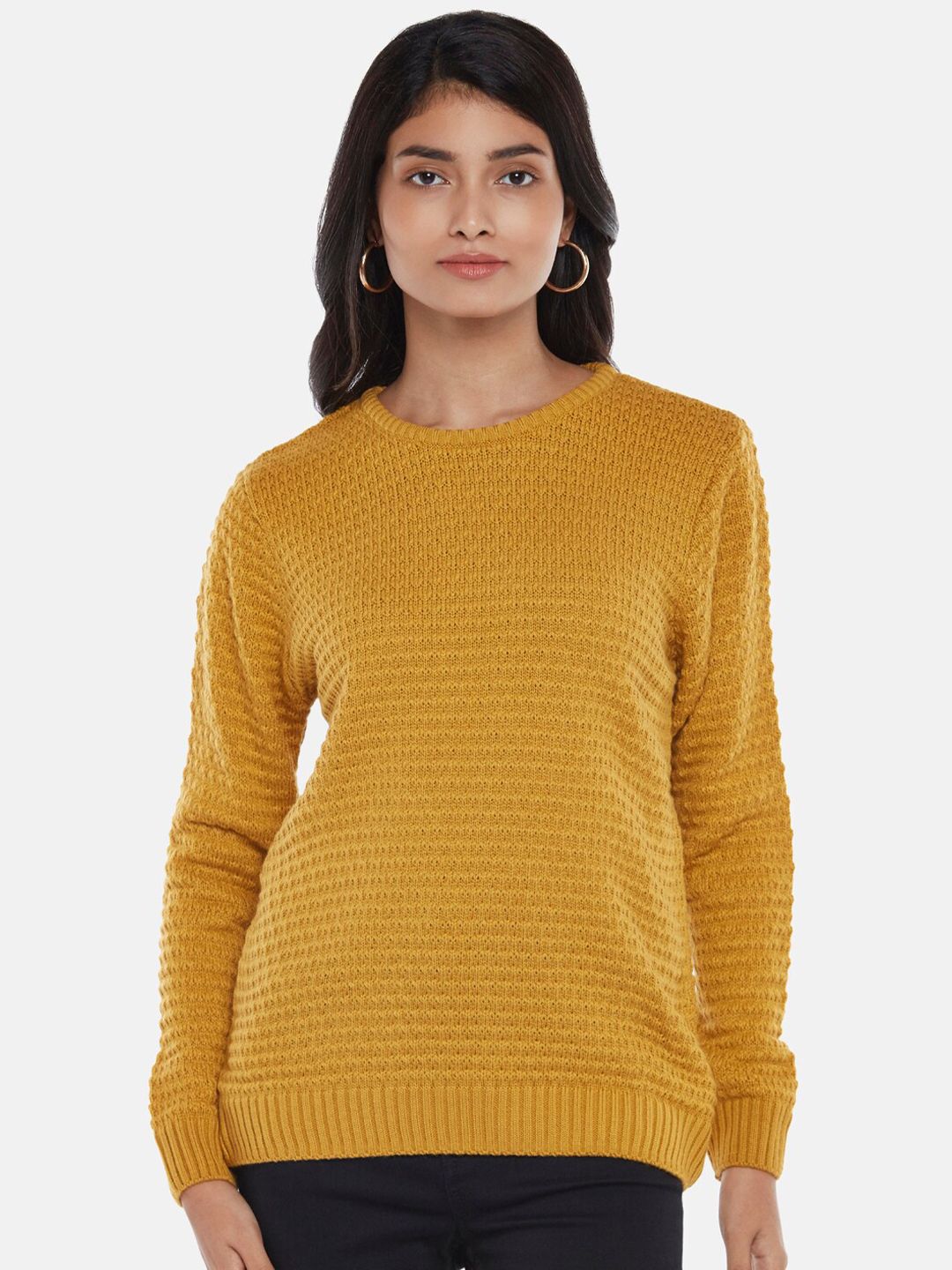 Honey by Pantaloons Women Mustard Cable Knit Pullover Sweater Price in India