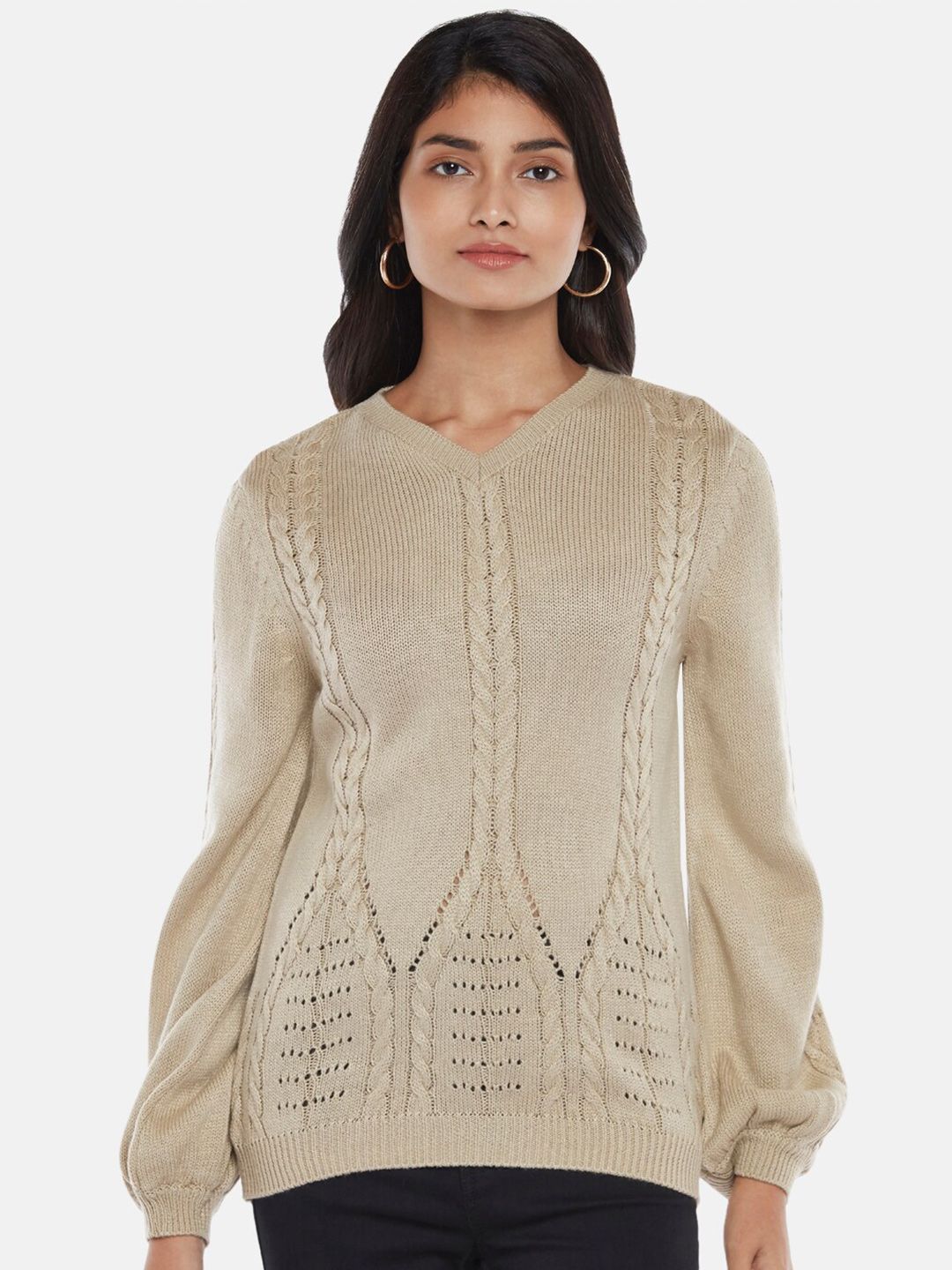 Honey by Pantaloons Women Beige Cable Knit Pullover Price in India