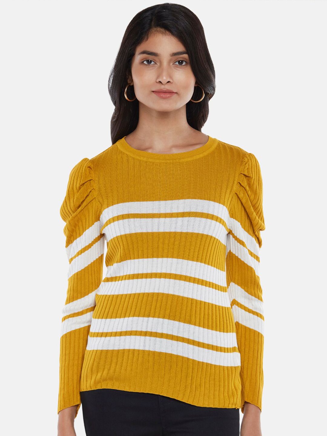 Honey by Pantaloons Women Mustard & White Cable Knit Striped Pullover Price in India