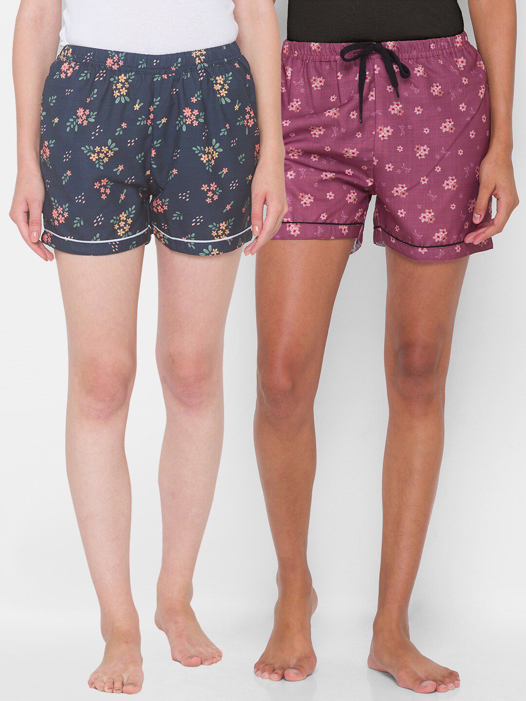 FashionRack Women Navy Blue & Purple Set of  2 Printed Lounge Shorts Price in India