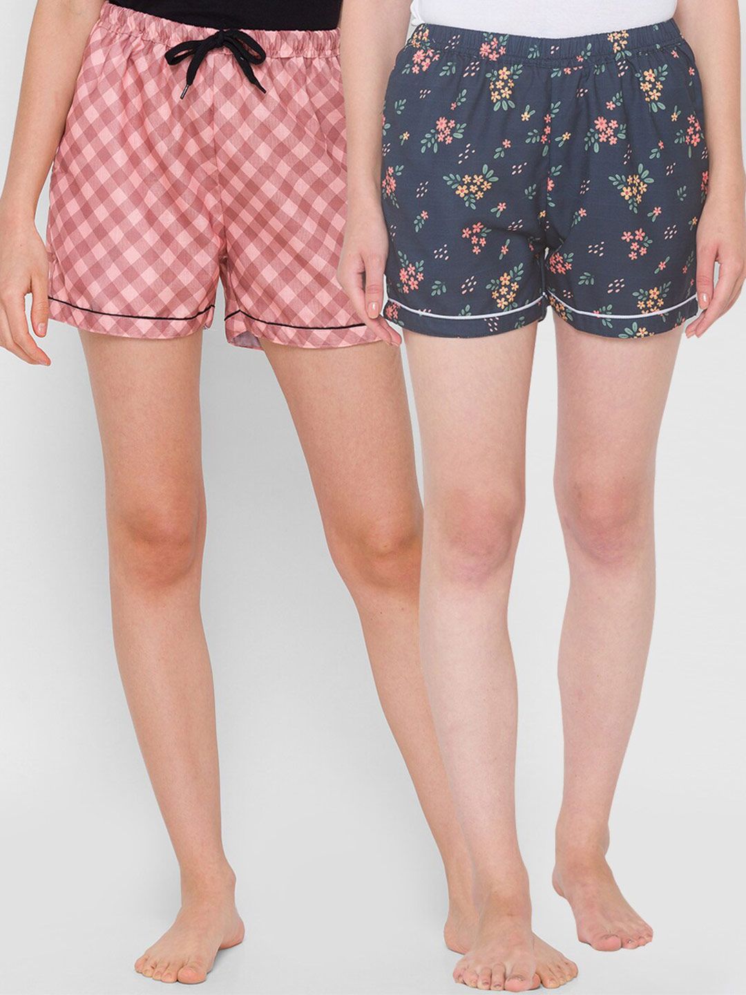 FashionRack Women Navy Blue & Brown Set of 2 Printed Lounge Shorts Price in India