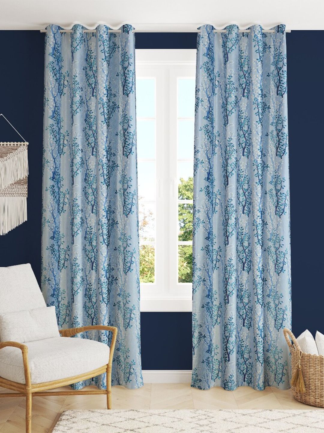 MULTITEX Blue Set of 2 Floral Long Door Curtain Price in India