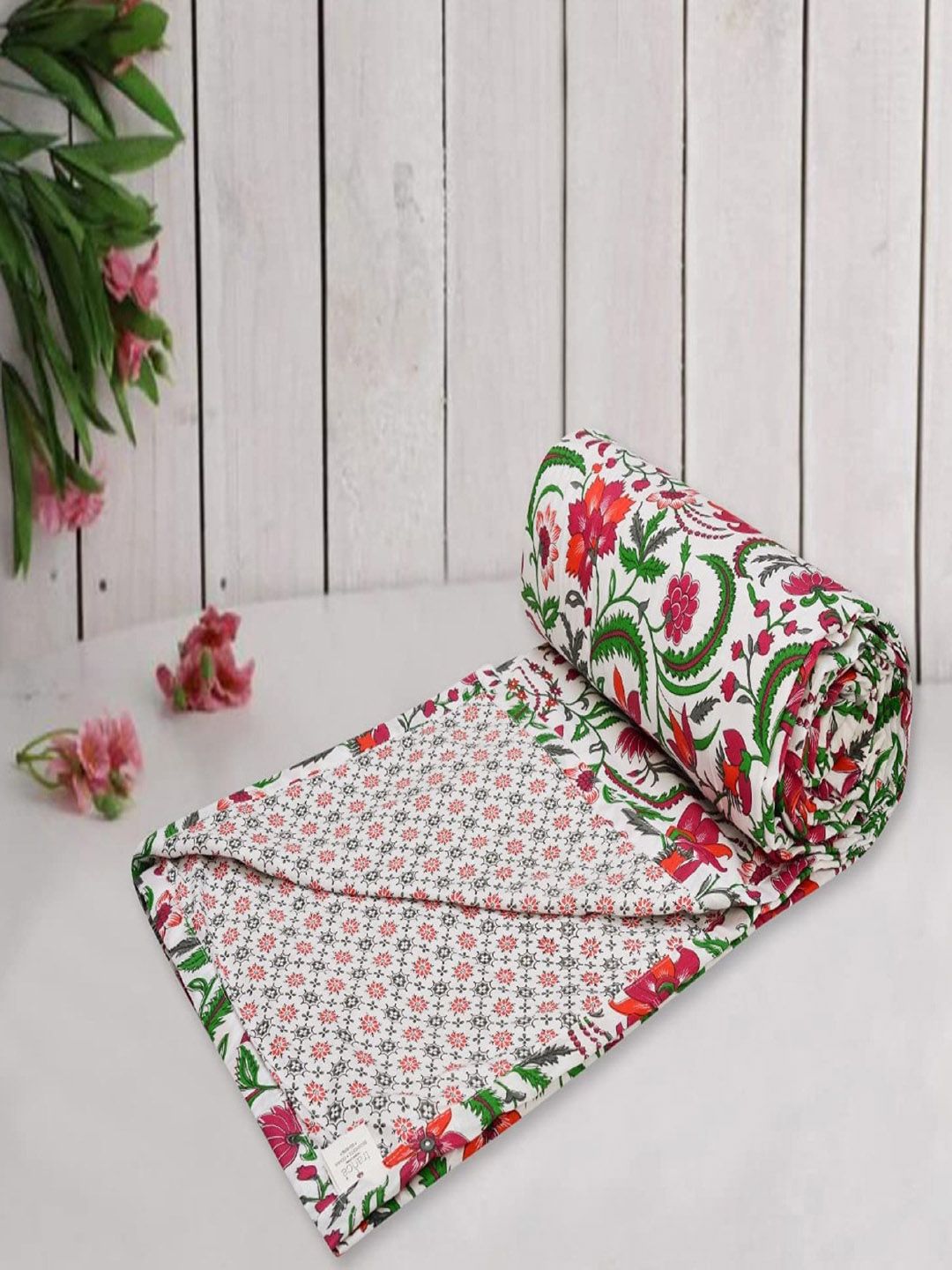 Trance Home Linen White & Red Floral AC Room 210 GSM Double Bed Dohar Price in India
