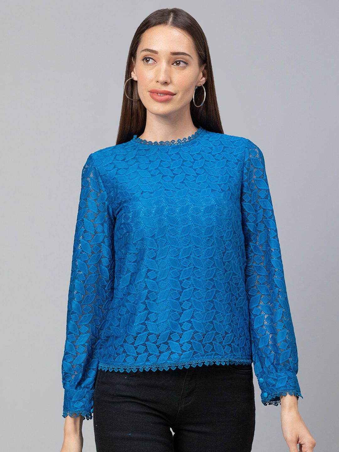 Globus Blue Women Long Sleeves Round Neck Lace Self Design Top Price in India