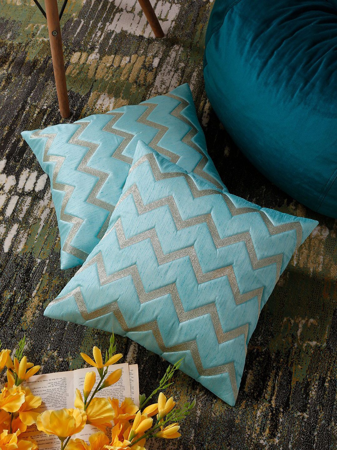 HOSTA HOMES Blue & Grey Set of 2 Abstract Square Cushion Covers Price in India