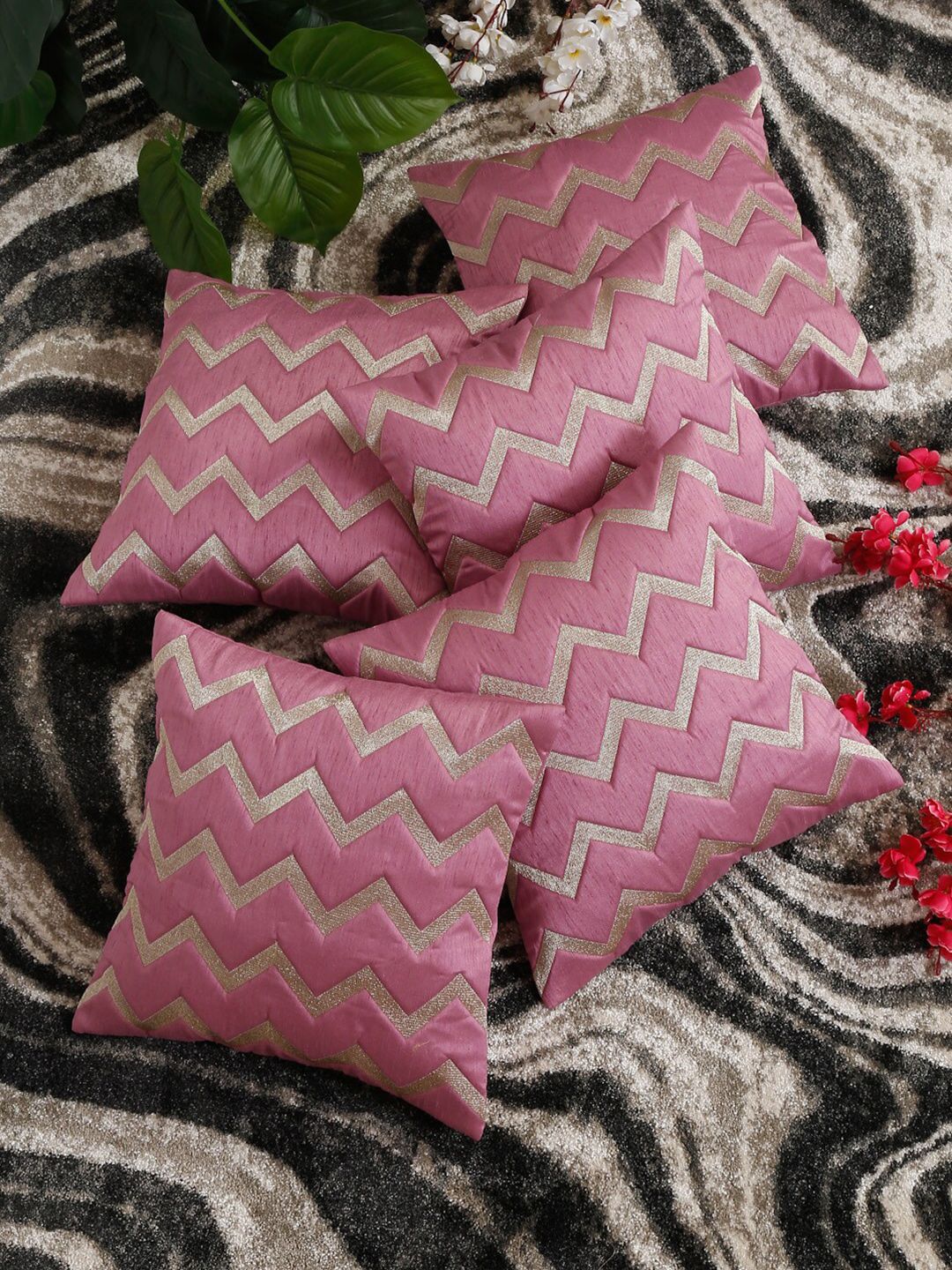 HOSTA HOMES Purple & Beige Set of 5 Geometric Square Cushion Covers Price in India