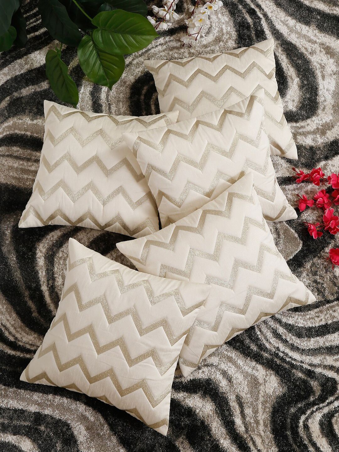 HOSTA HOMES Cream-Coloured Set of 5 Geometric Square Cushion Covers Price in India