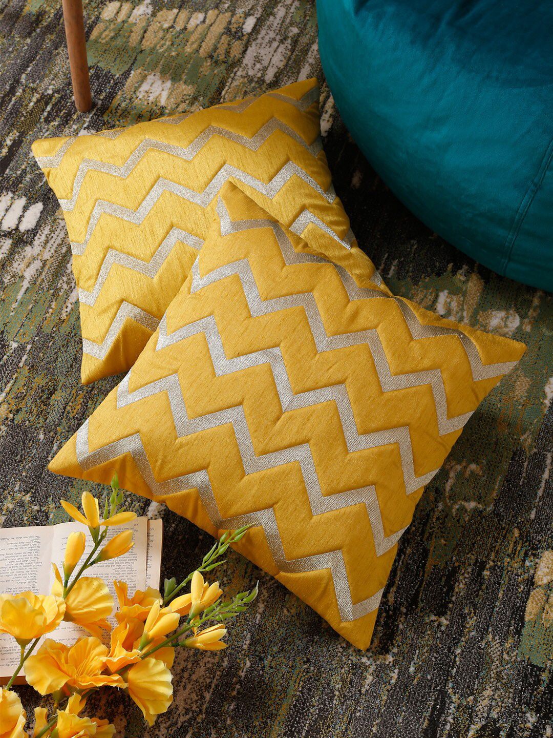 HOSTA HOMES Yellow & Gold-Toned Set of 2 Geometric Square Cushion Covers Price in India