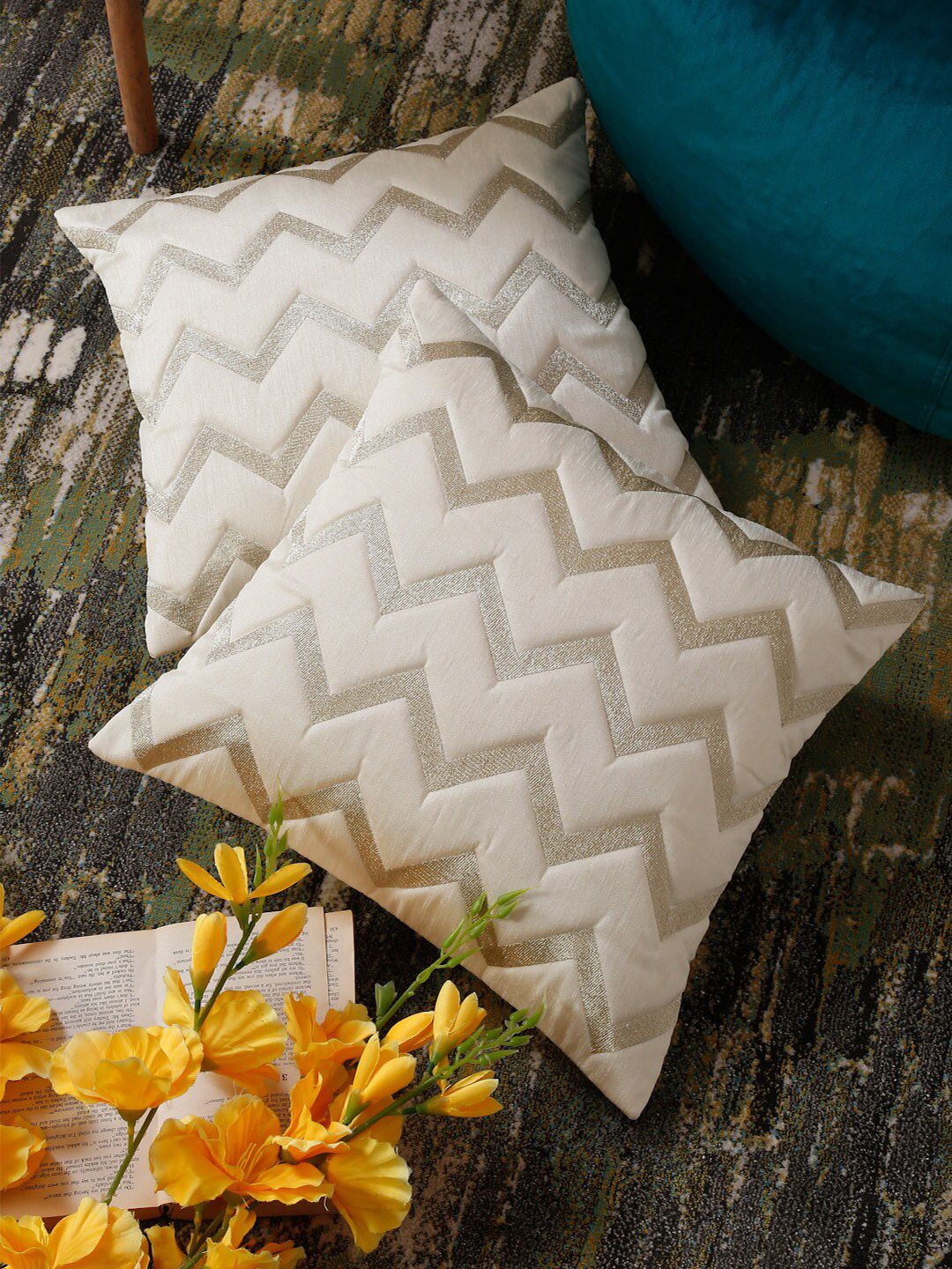 HOSTA HOMES Cream-Coloured & Gold-Toned Set of 2 Geometric Square Cushion Covers Price in India