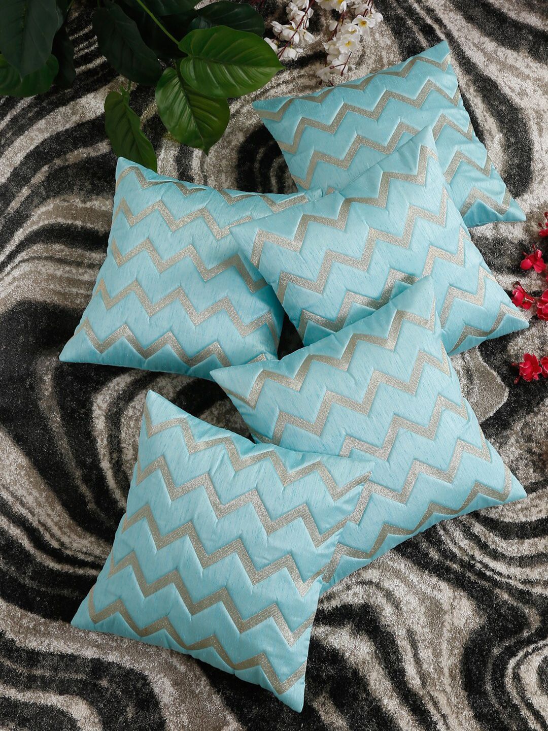 HOSTA HOMES Blue Set of 5 Geometric Square Cushion Covers Price in India
