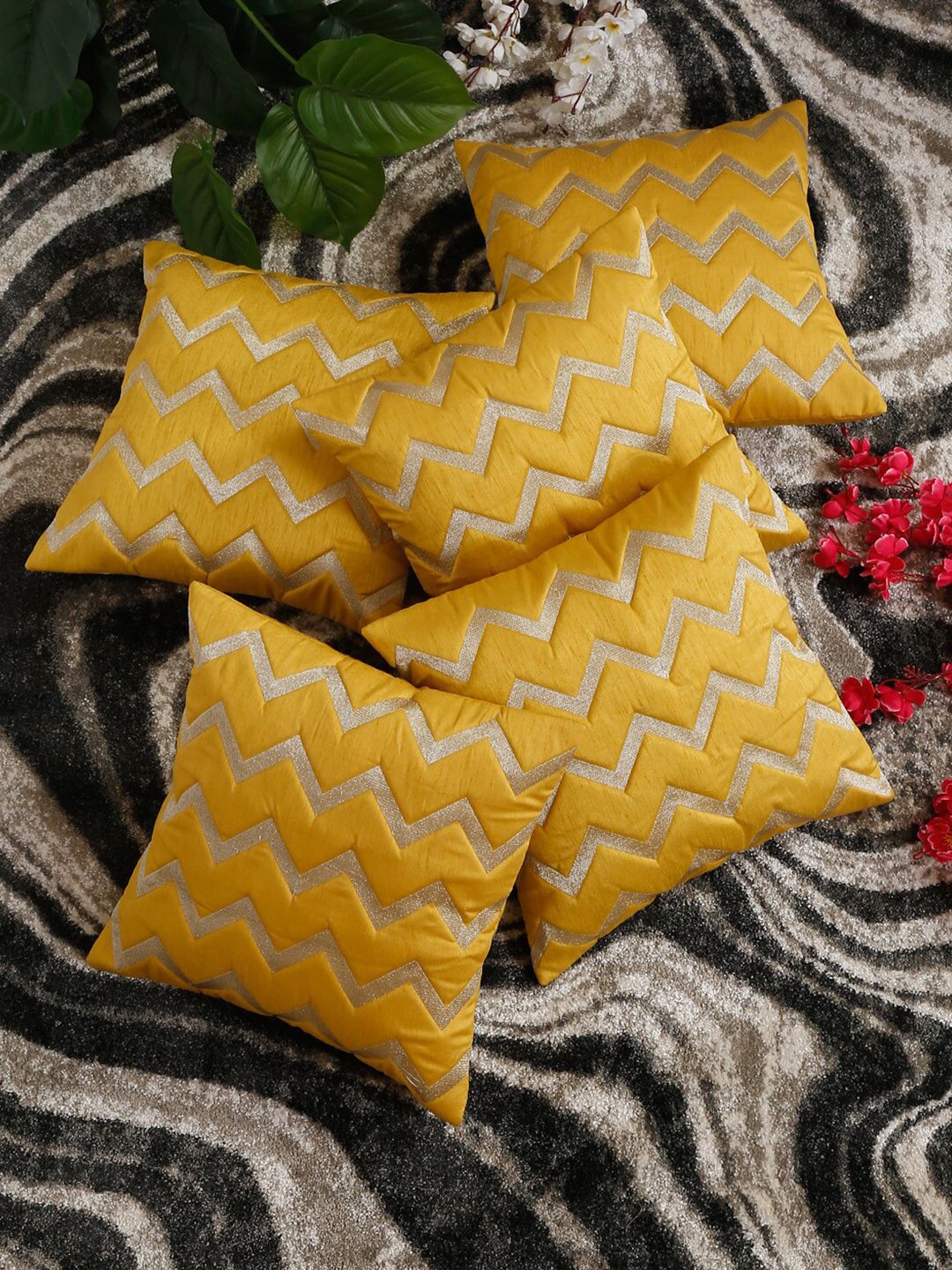 HOSTA HOMES Yellow & Gold-Toned Set of 5 Geometric Square Cushion Covers Price in India