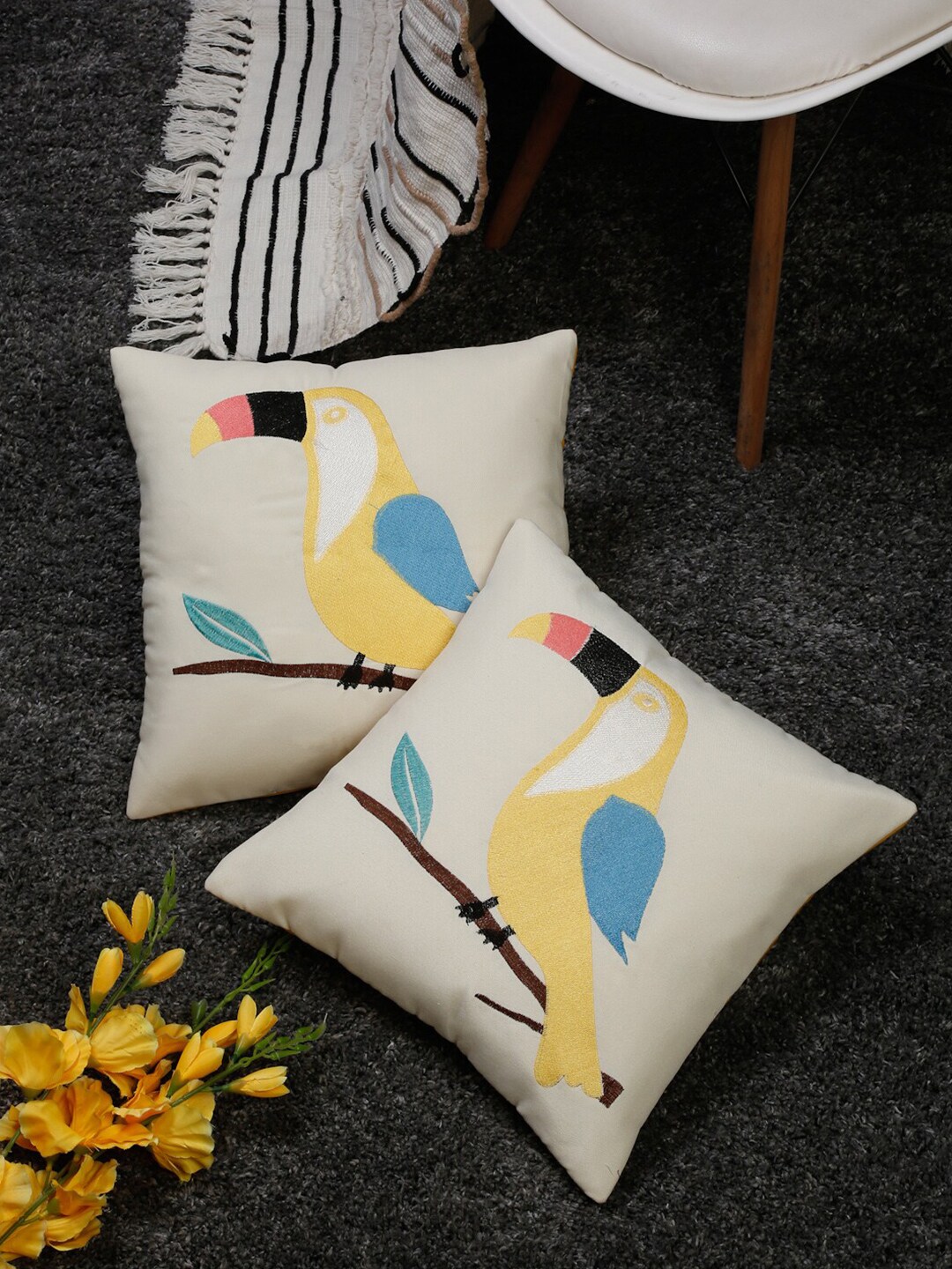 HOSTA HOMES White & Yellow Set of 2 Abstract Square Cushion Covers Price in India