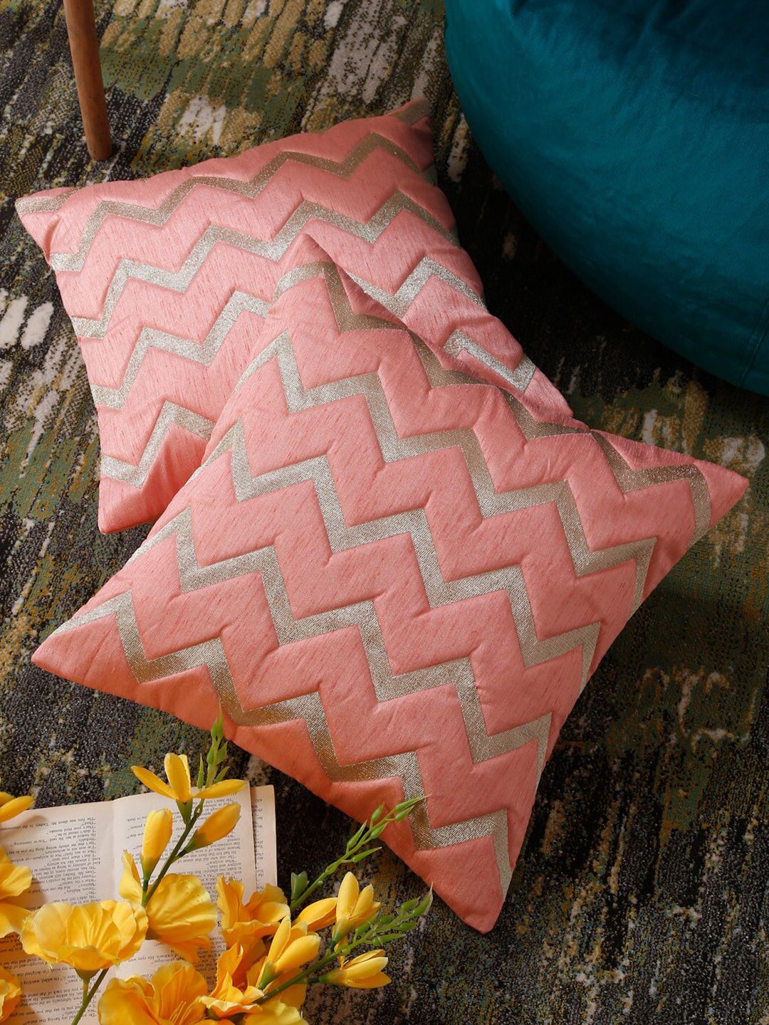 HOSTA HOMES Peach-Coloured & Gold-Toned Set of 2 Geometric Square Cushion Covers Price in India