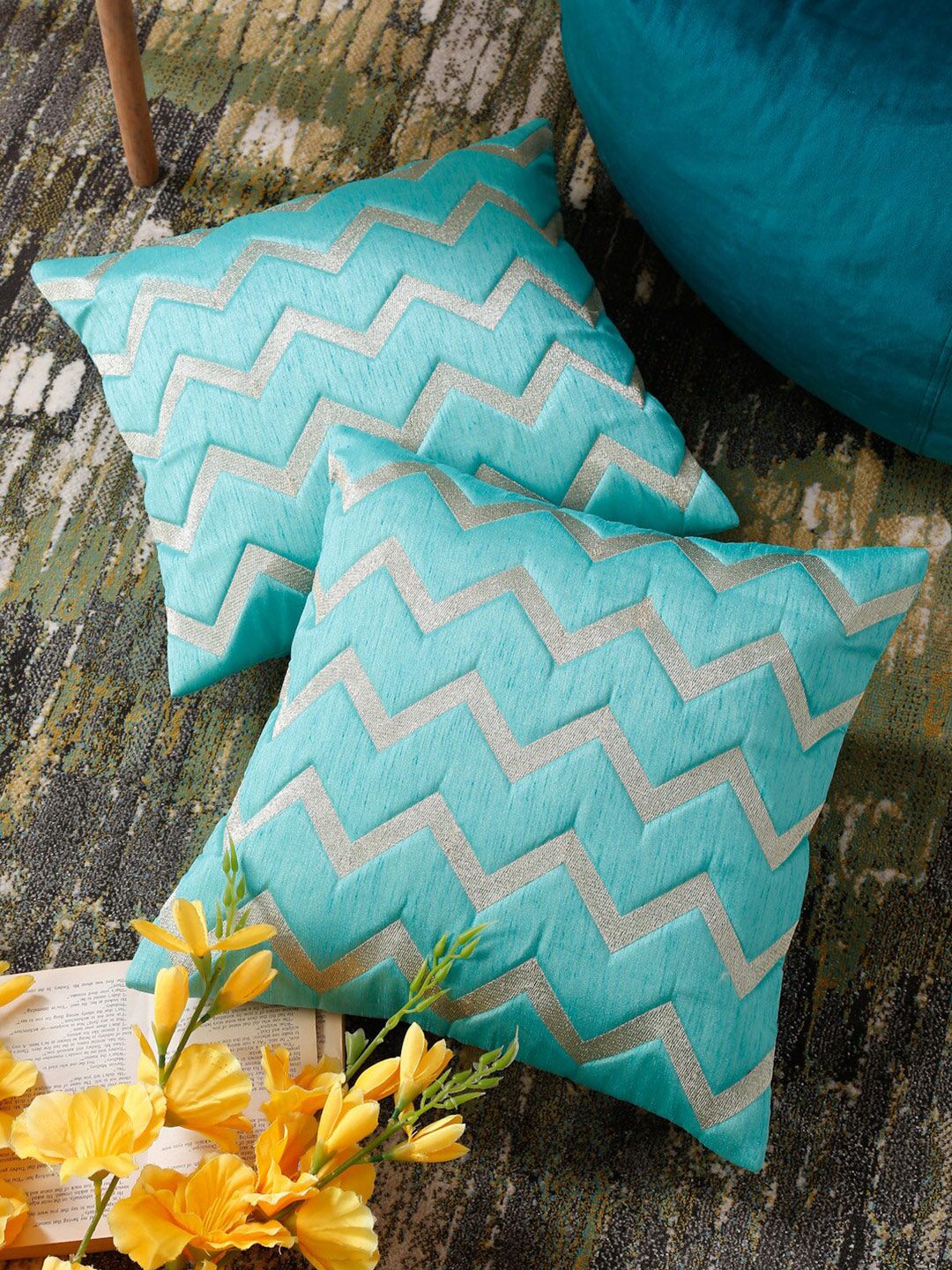 HOSTA HOMES Blue & Grey Set of 2 Geometric Square Cushion Covers Price in India