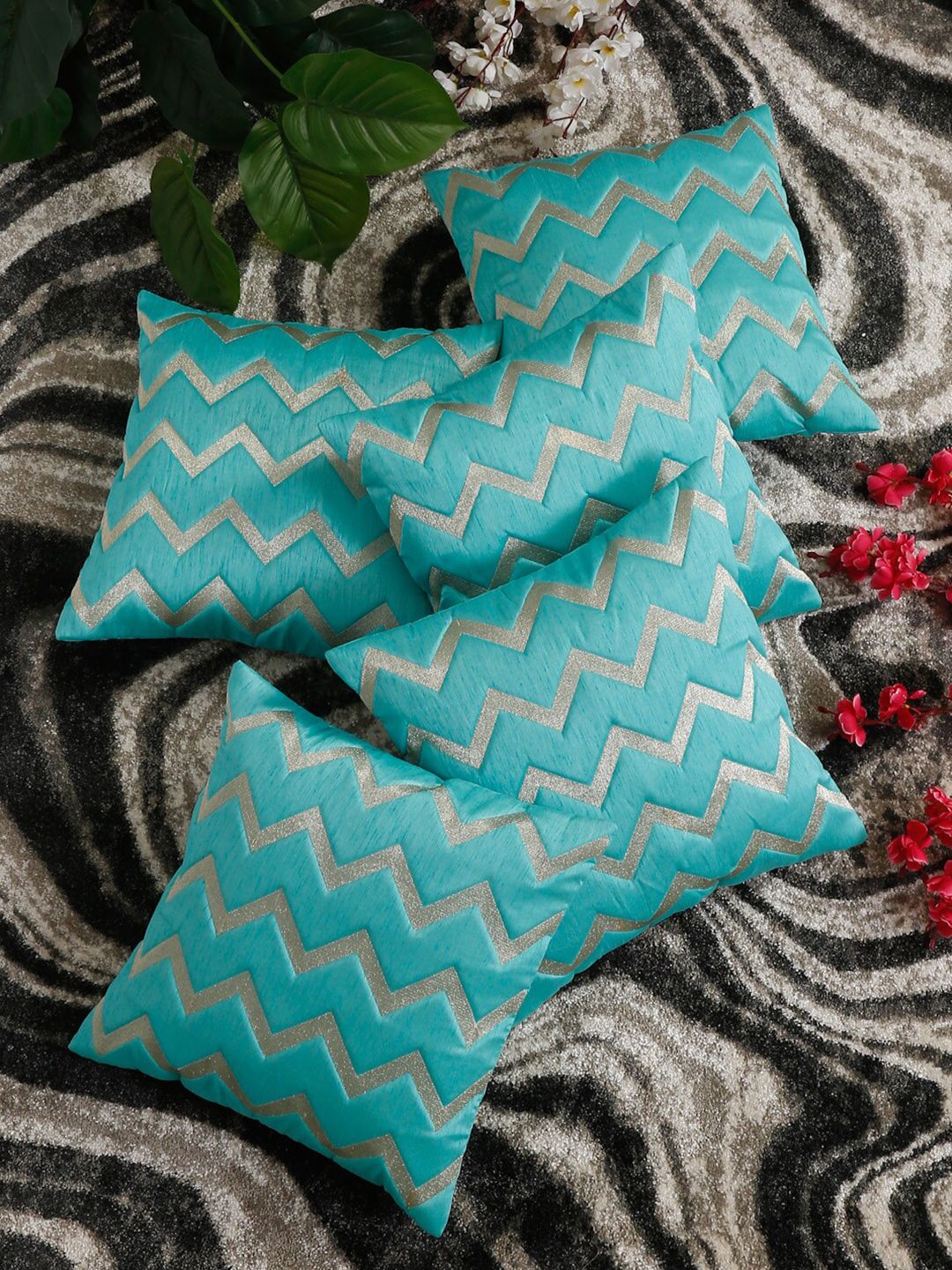 HOSTA HOMES Blue Set of 5 Geometric Square Cushion Covers Price in India