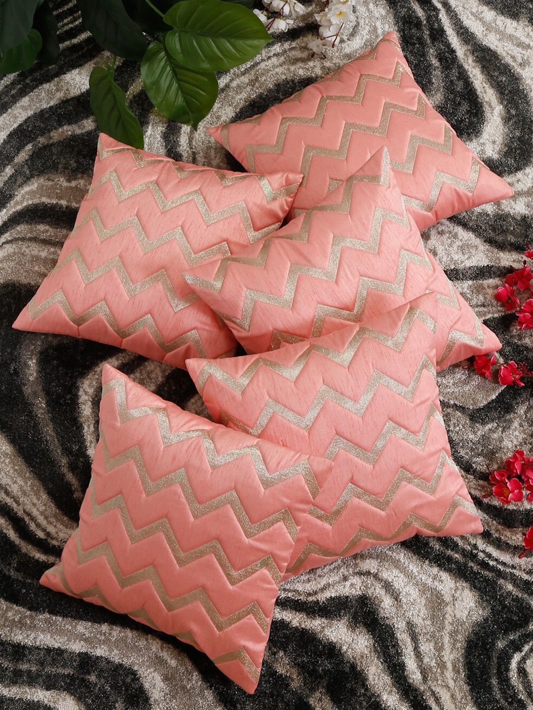 HOSTA HOMES Peach-Coloured & Gold-Toned Set of 5 Geometric Square Cushion Covers Price in India