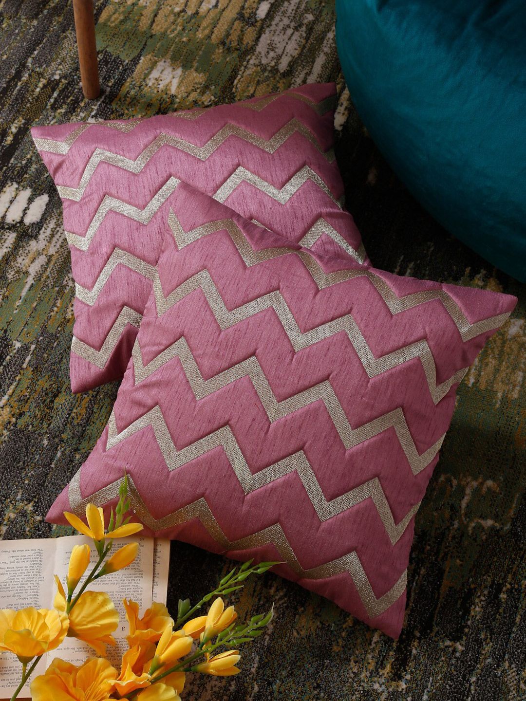 HOSTA HOMES Purple & Grey Set of 2 Geometric Square Cushion Covers Price in India