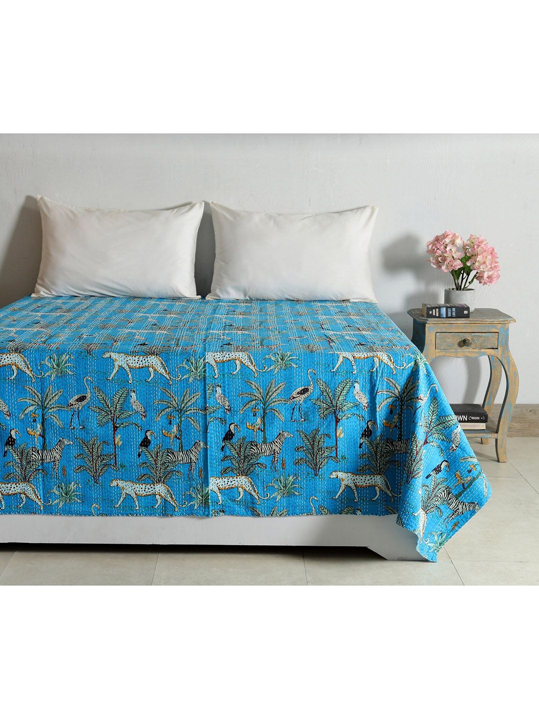 HANDICRAFT PALACE Women Turquoise Blue   Animal Printed Kantha Embroidered 230 TC Cotton Double Bed Covers Price in India