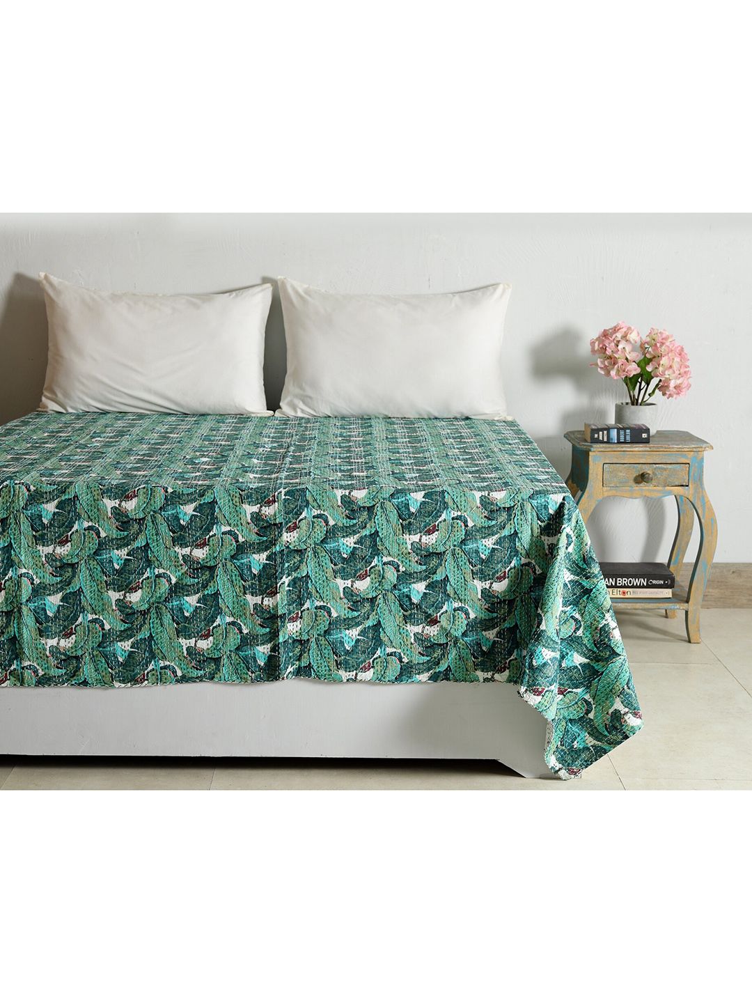 HANDICRAFT PALACE Women Green Pam Leaf Printed Kantha Embroidered Cotton Double Bed Cover Price in India