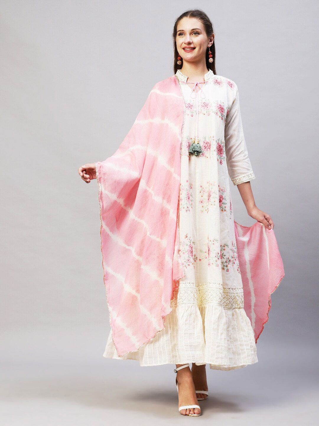 FASHOR Cream-Coloured & Pink Floral Tie-Up Neck Ethnic A-Line Maxi Dress Price in India