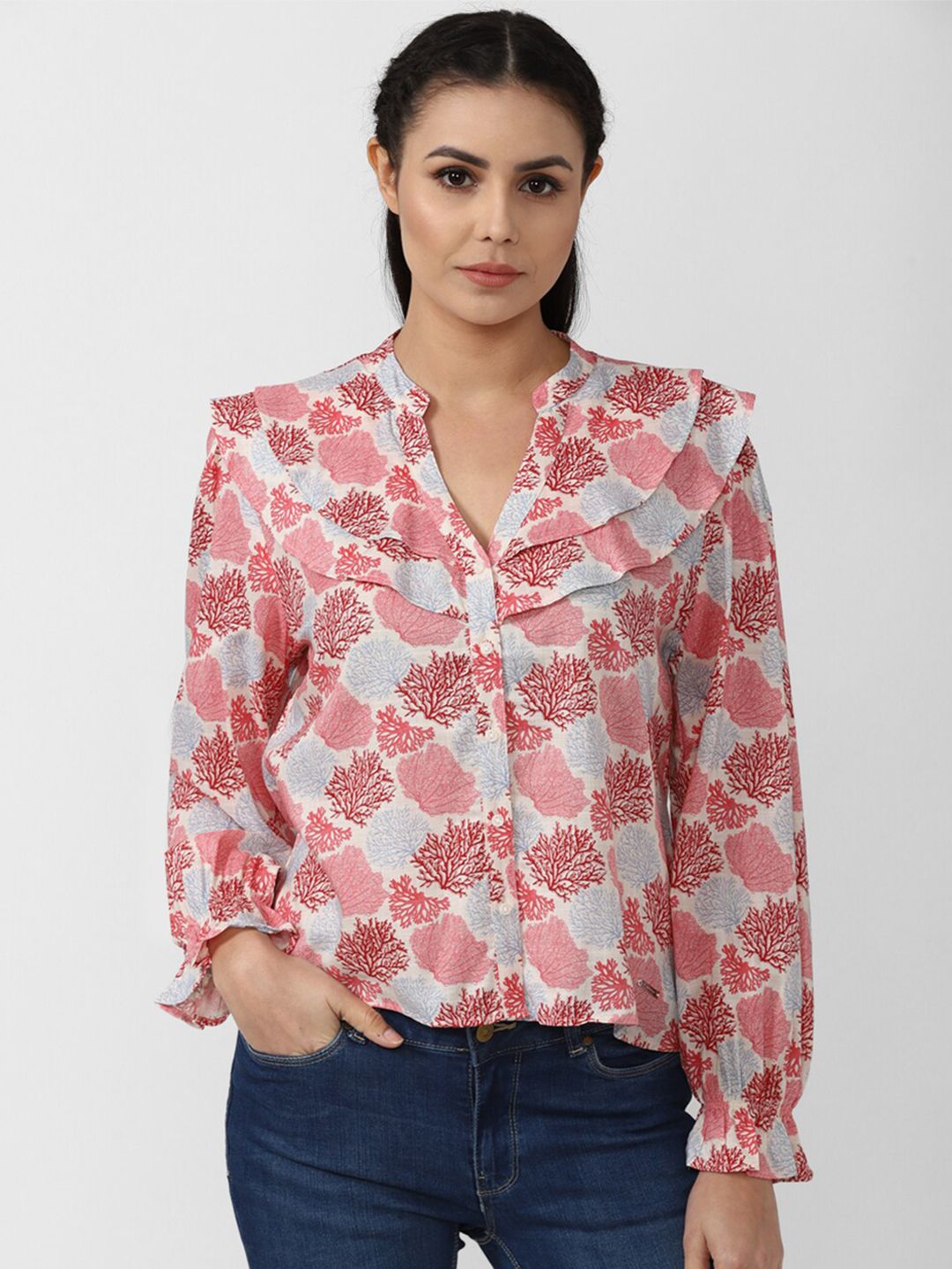 Van Heusen Woman Pink Geometric Print Mandarin Collar Shirt Style Top Price in India