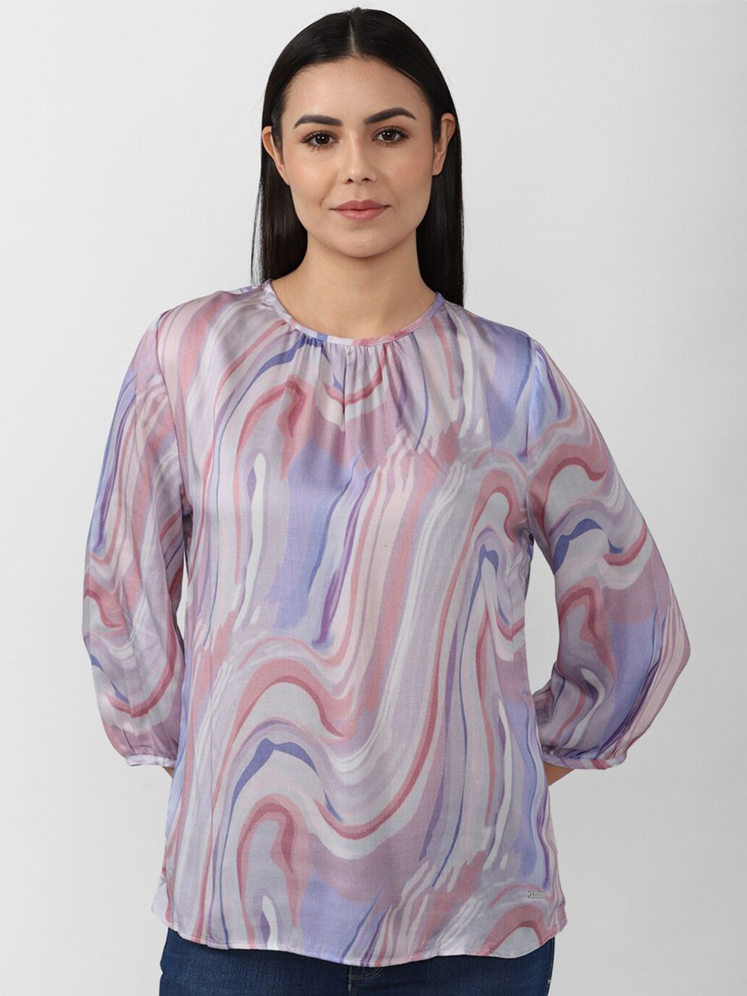 Van Heusen Woman Pink & Blue Modal Abstract Print Top Price in India