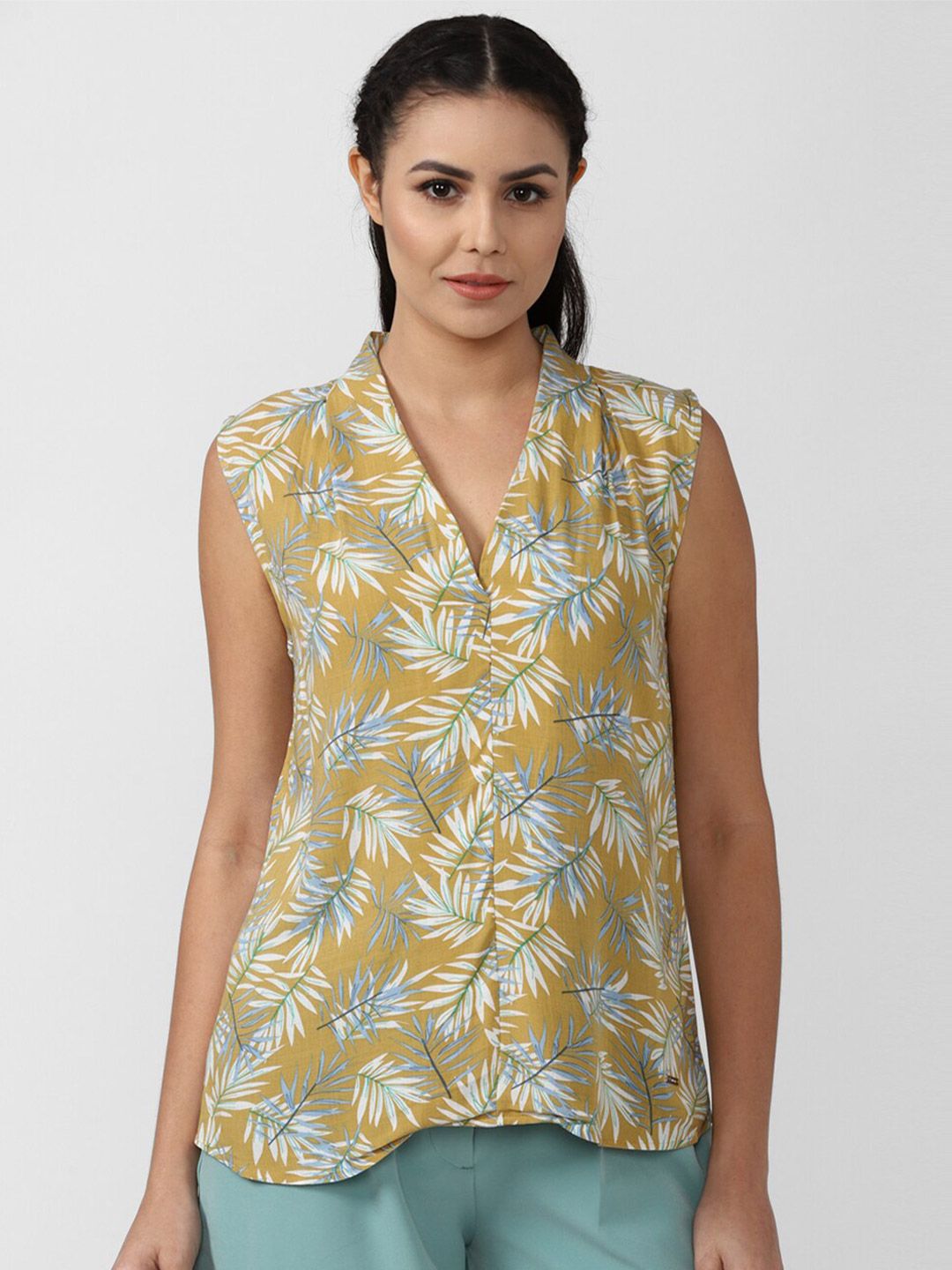 Van Heusen Woman Mustard Yellow & White Tropical Print Tropical Top Price in India