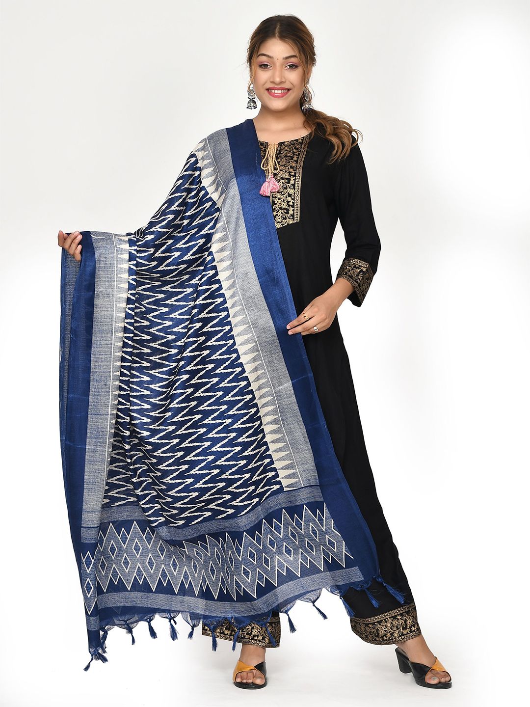 Kesarya Blue & White Printed Cotton Silk Dupatta