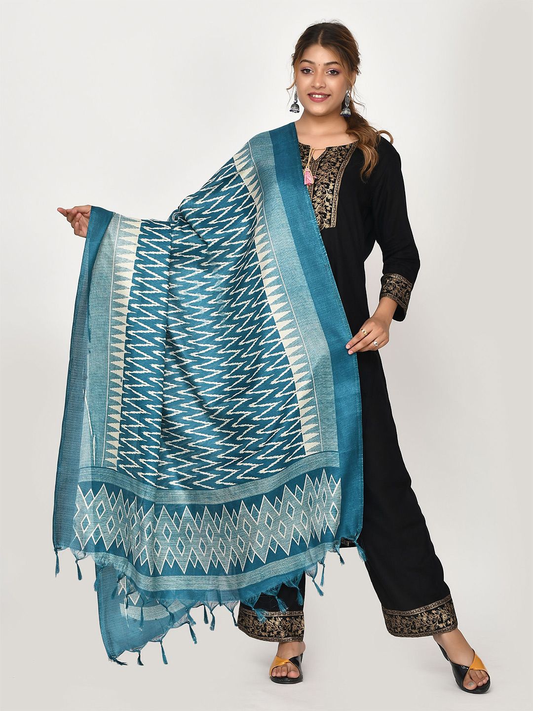 Kesarya Blue & White Printed Cotton Silk Dupatta