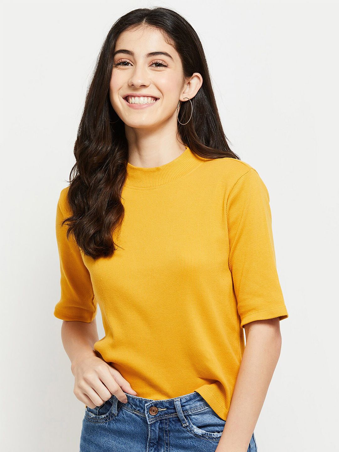 max Womens Solid Mustard Yellow Top Price in India