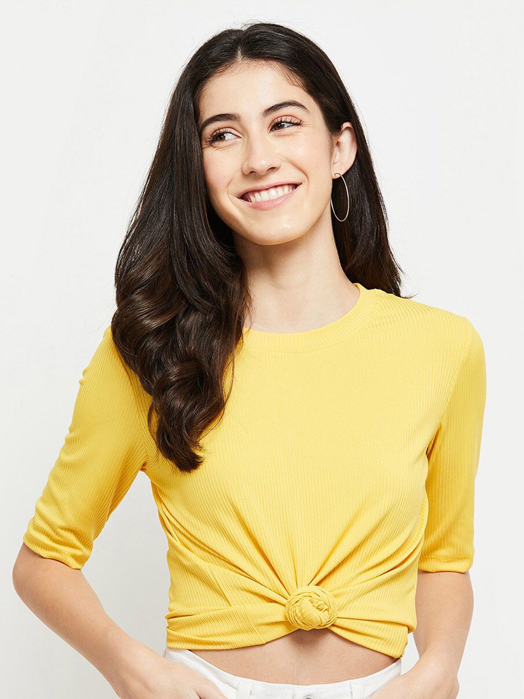 max Yellow Solid Crop Top Price in India