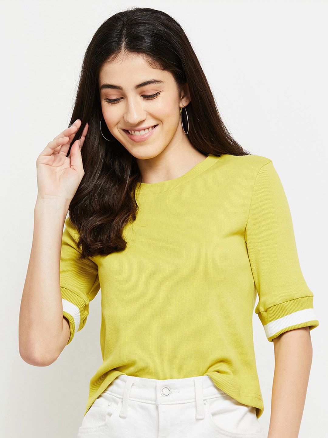 max Women Yellow Round Neck Short Sleeves Top Price in India