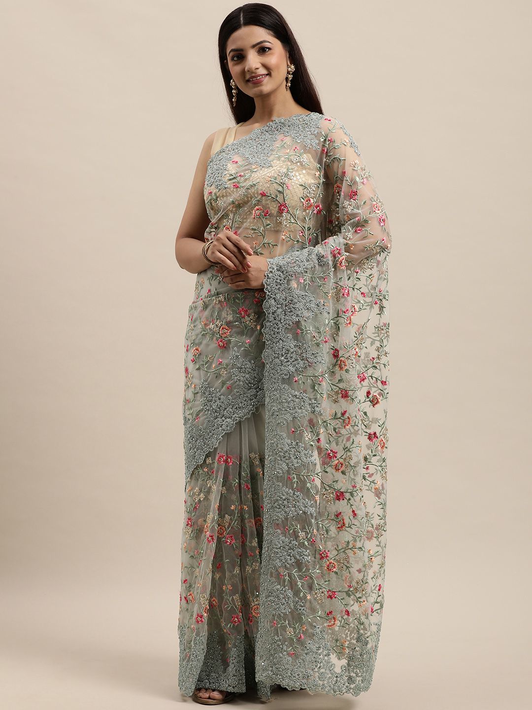 MOHEY Blue Floral Net Saree Price in India