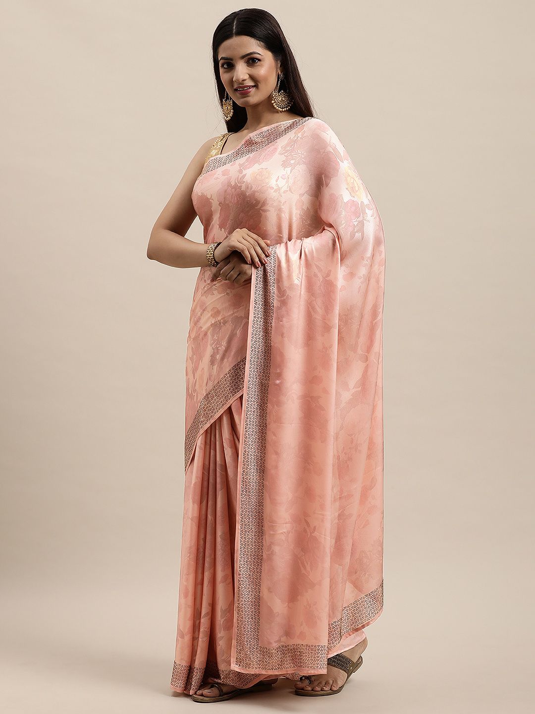 MOHEY Peach-Coloured Ethnic Motifs Satin Saree Price in India