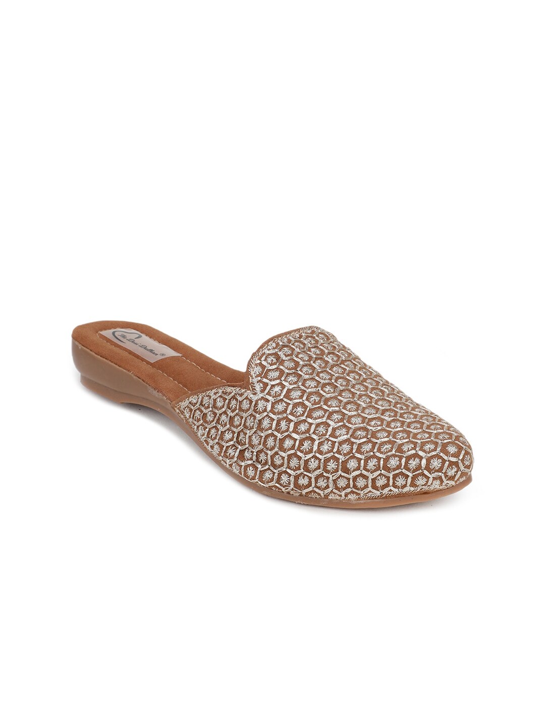 The Desi Dulhan Women Tan Coloured & Silver-Toned Embroidery Leather Mules Flats Price in India