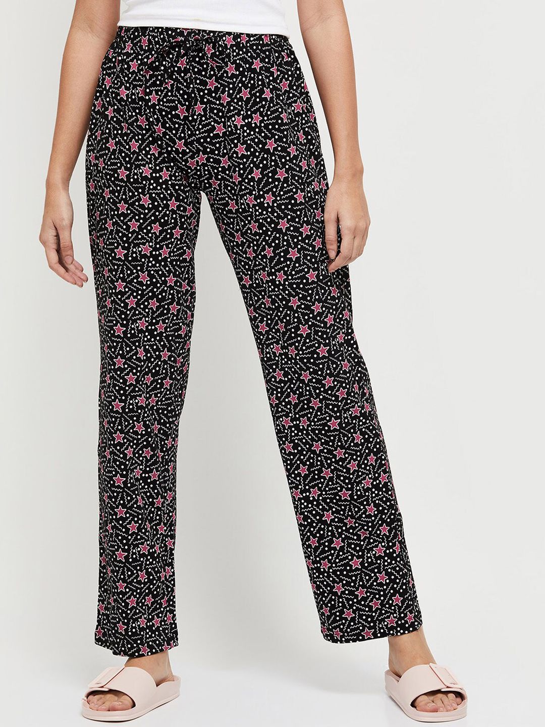 max Women Black and Pink Printed Lounge Pants Price in India