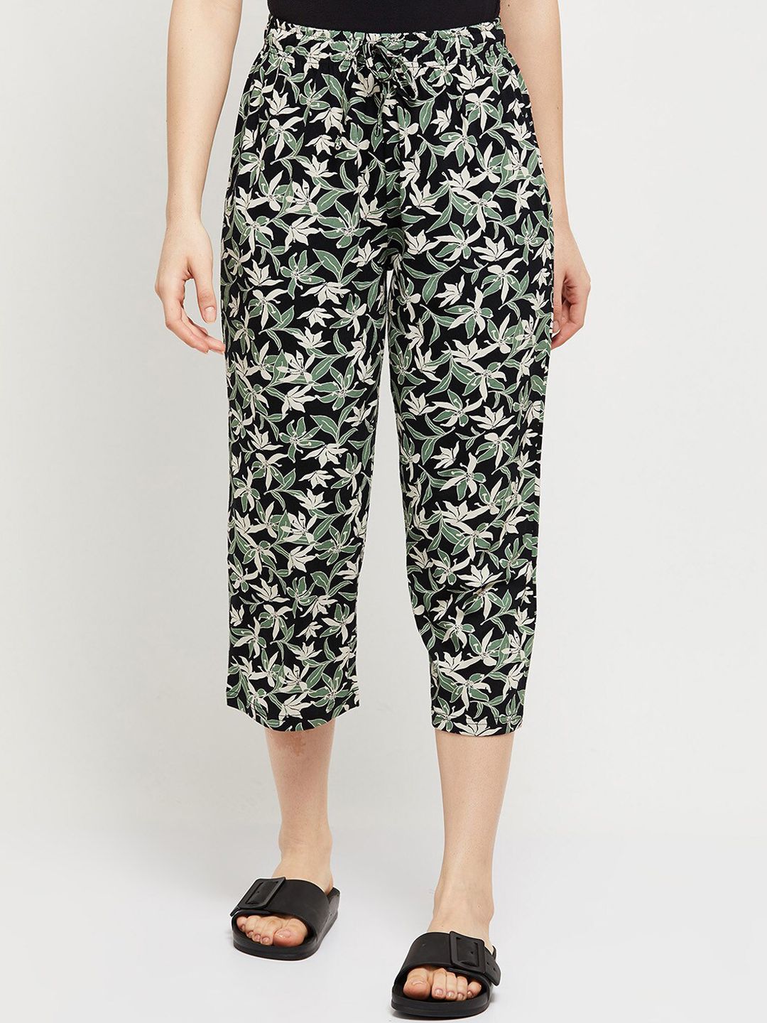 max Women Black & Green Printed Cotton Lounge Capris Price in India