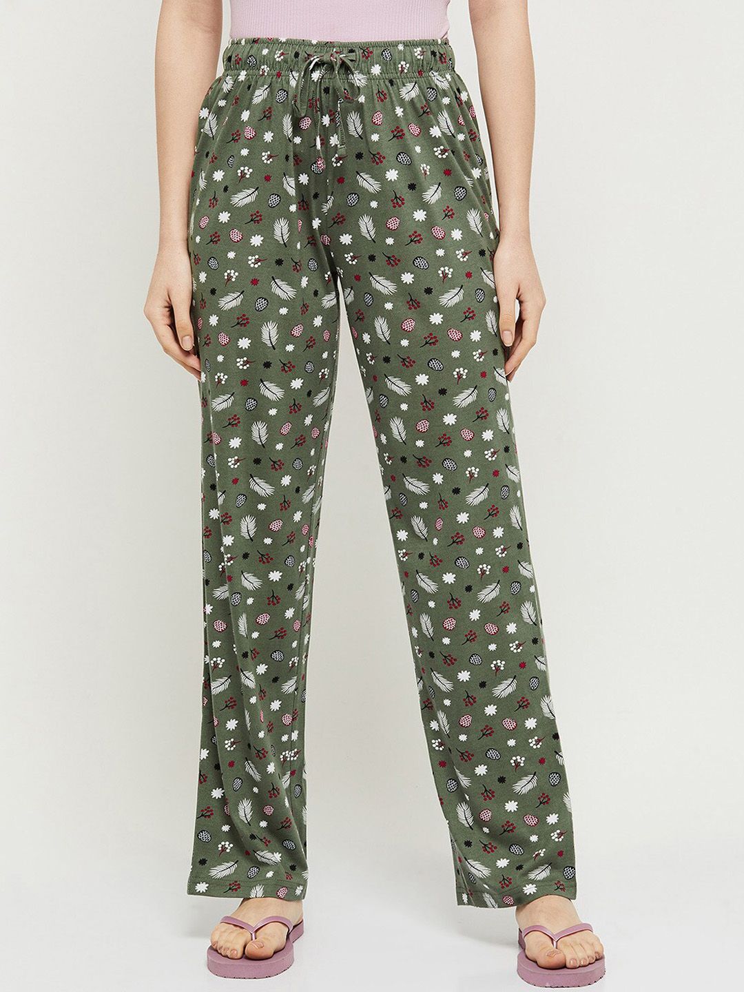max Women Olive Green Printed Cotton Lounge Pants Price in India