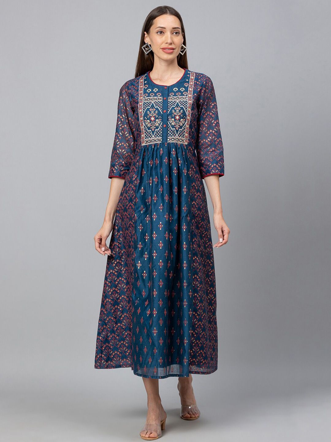 Globus Blue Ethnic Motifs Printed Embroidered Detail A-Line Maxi Dress Price in India