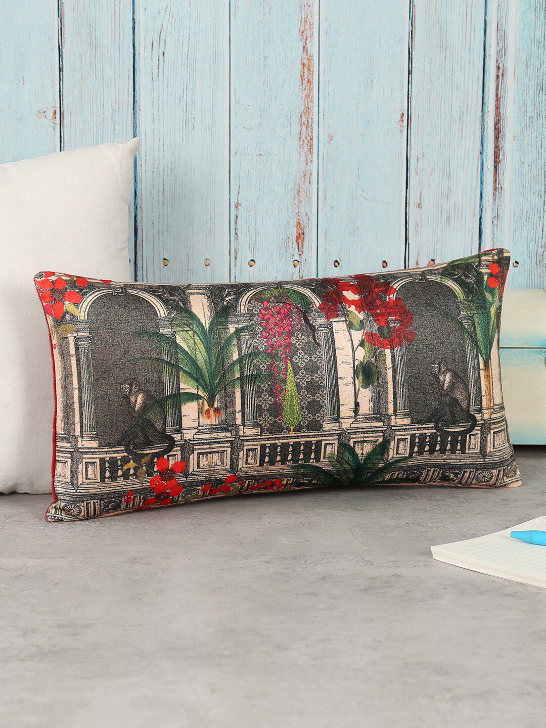 India Circus by Krsnaa Mehta Grey & Green Ethnic Motifs Velvet Rectangle Cushion Covers Price in India