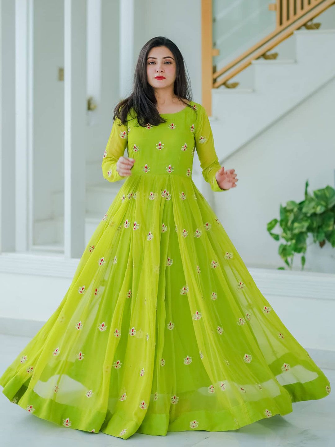 Fashion Basket Green & Red Embroidered Semi-Stitched Dress Material Price in India