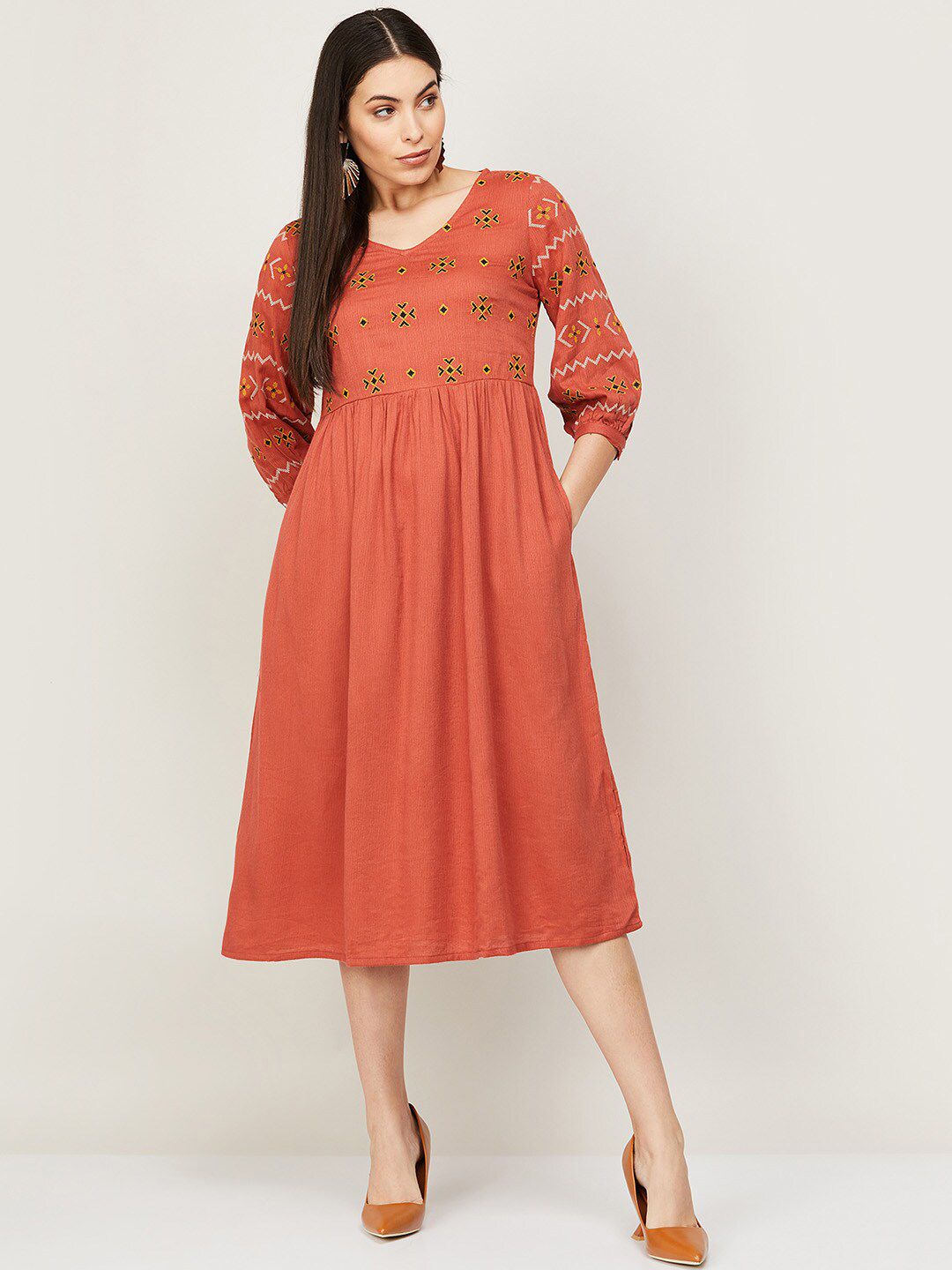 Colour Me by Melange Brown Ethnic Motifs Midi Dress Price in India