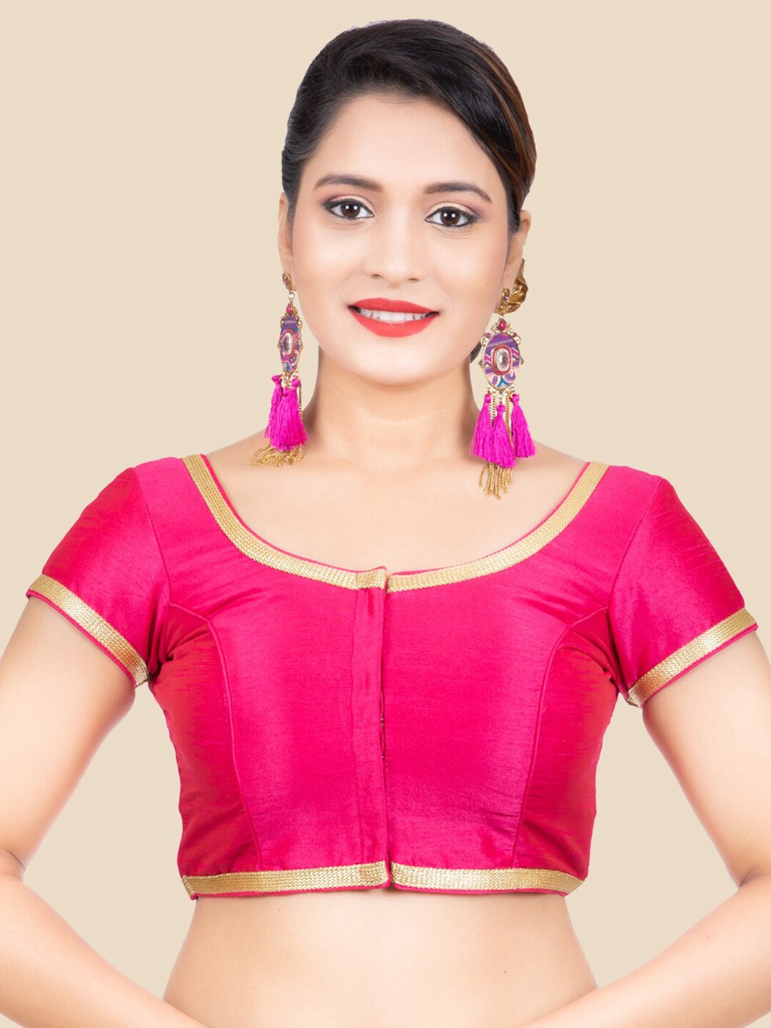 FEMMIBELLA Women Pink Dupion Silk Padded Solid Readymade Saree Blouse Price in India